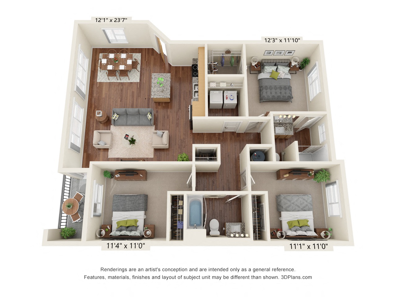 Floor plan for 3 beds, 2 baths, 1261 sqft